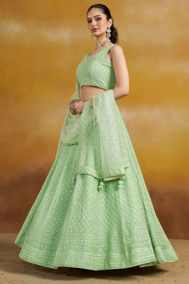 Green Sequin With Embroidered Georgette Lehenga