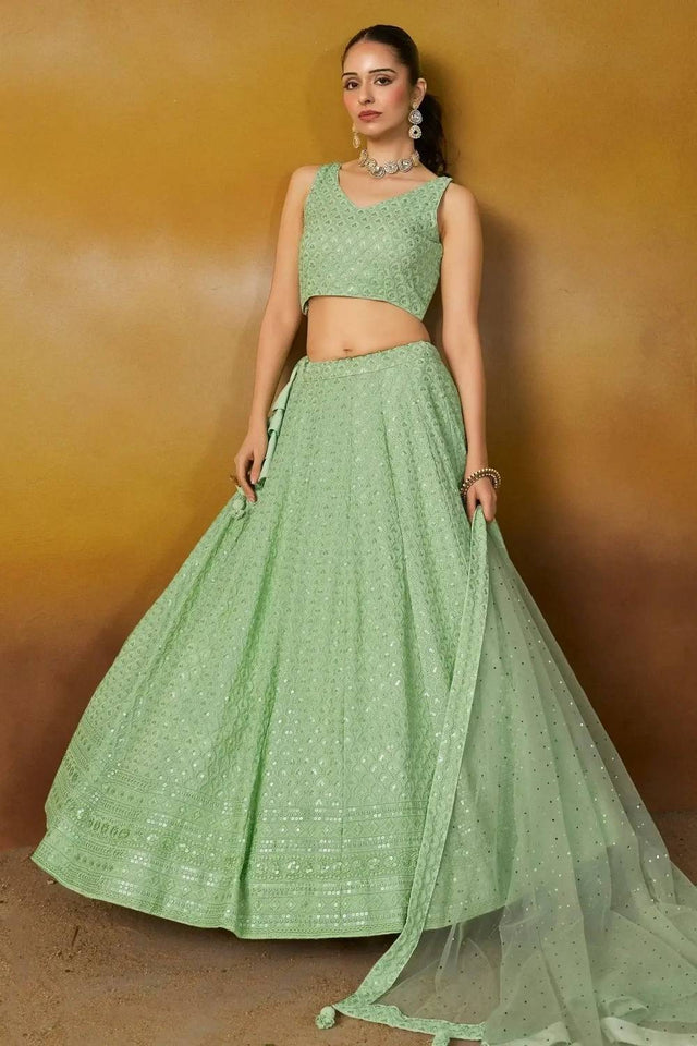 Green Sequin With Embroidered Georgette Lehenga