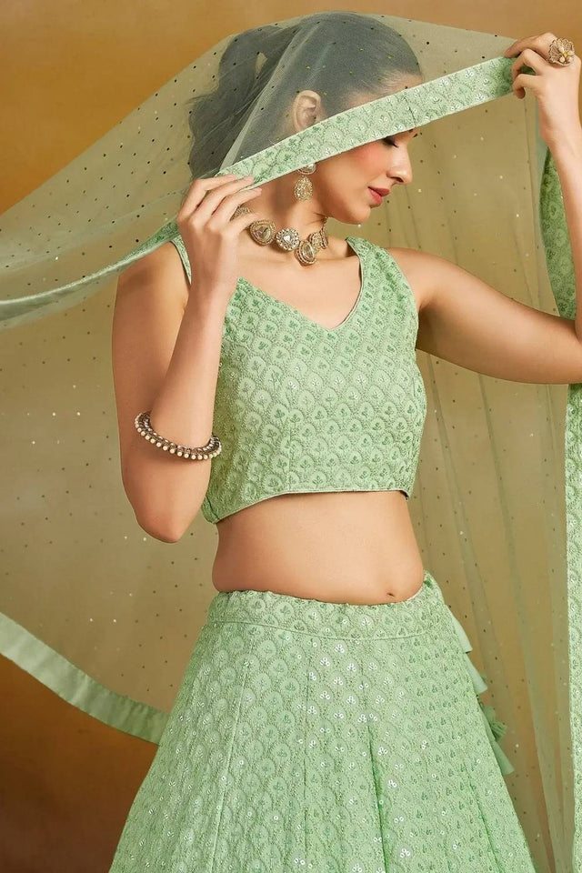 Green Sequin With Embroidered Georgette Lehenga