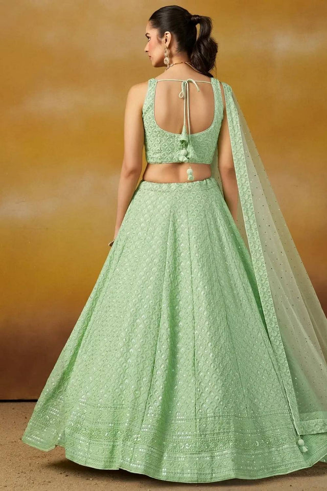 Green Sequin With Embroidered Georgette Lehenga