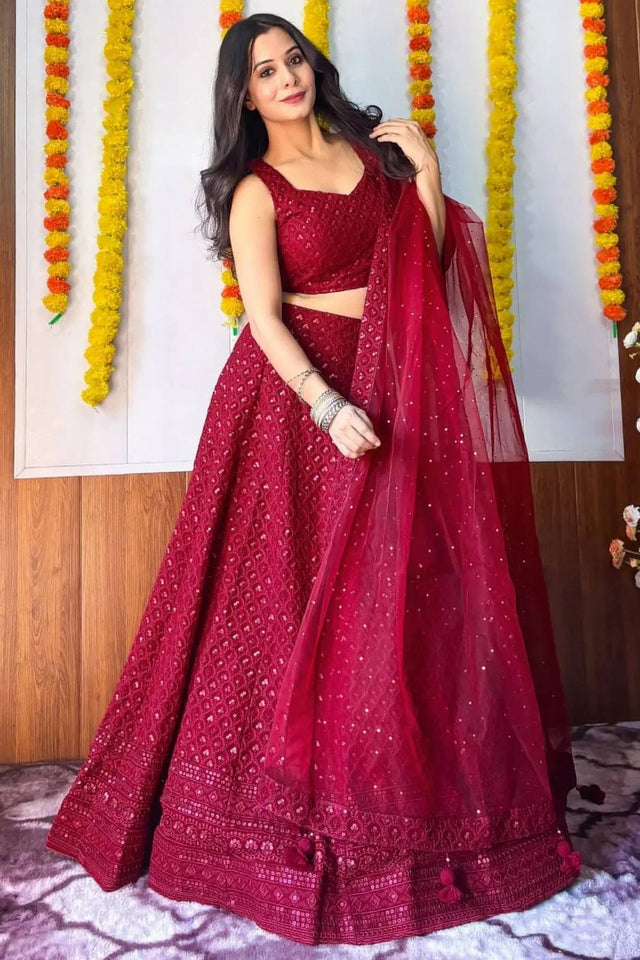 Maroon Sequin With Embroidered Georgette Lehenga