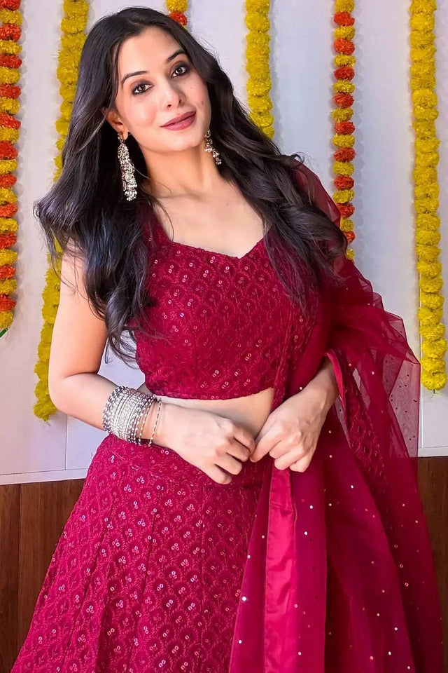 Maroon Sequin With Embroidered Georgette Lehenga
