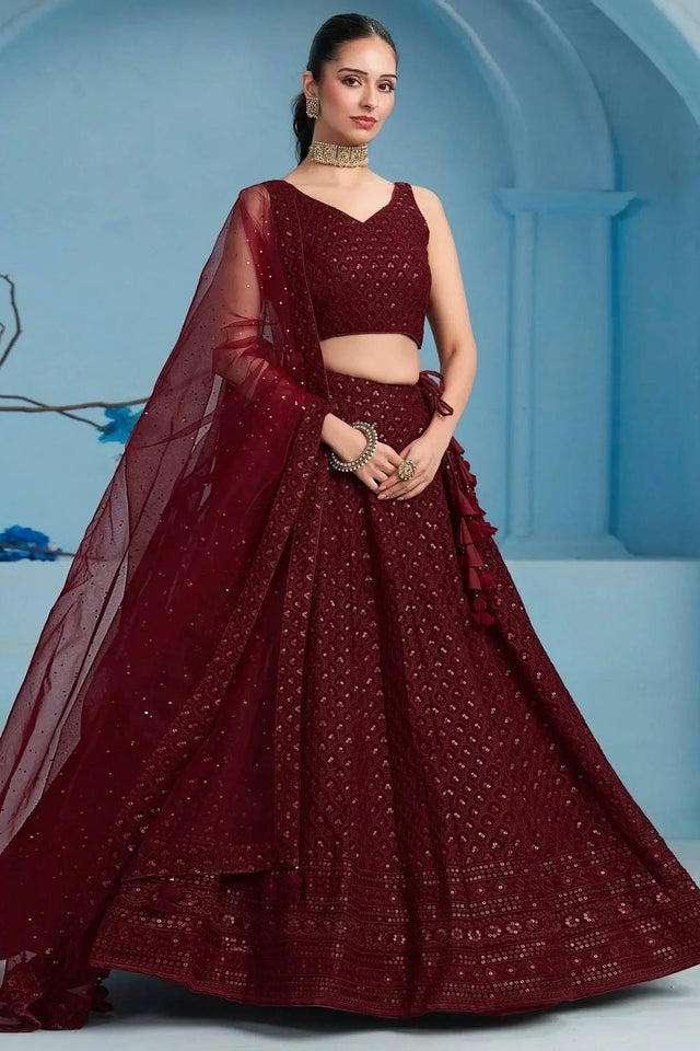 Maroon Sequin With Embroidered Georgette Lehenga