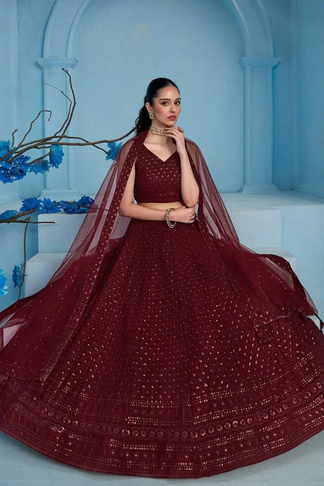 Maroon Sequin With Embroidered Georgette Lehenga