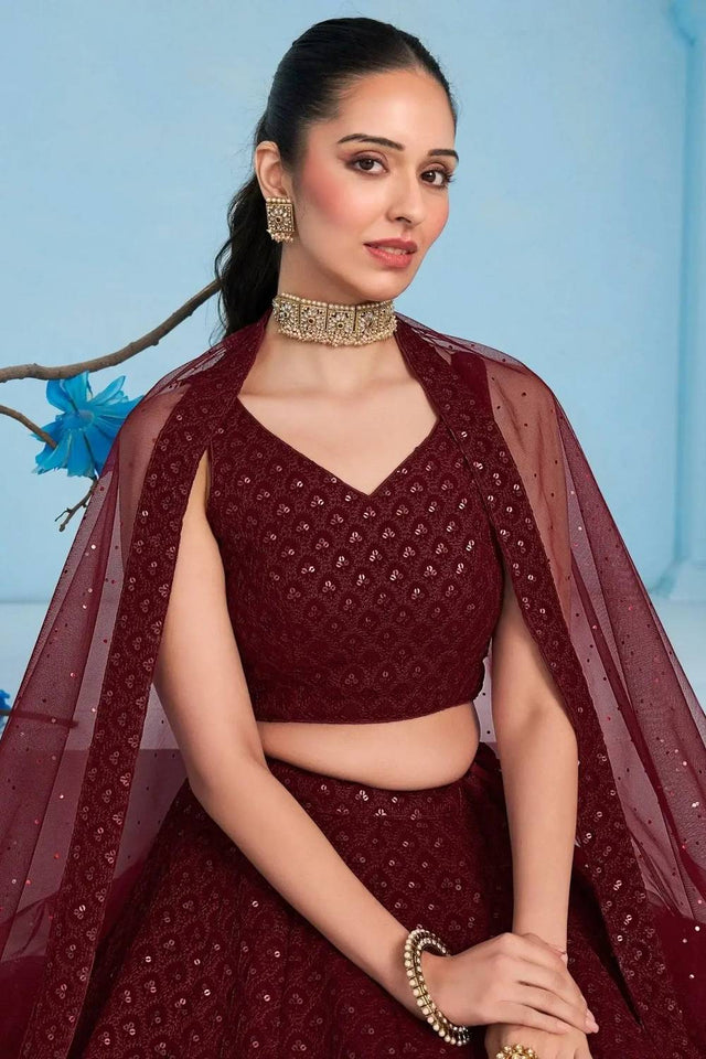 Maroon Sequin With Embroidered Georgette Lehenga
