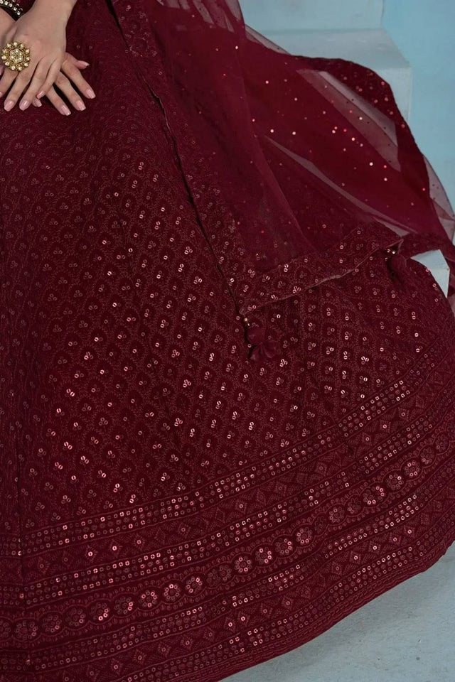 Maroon Sequin With Embroidered Georgette Lehenga