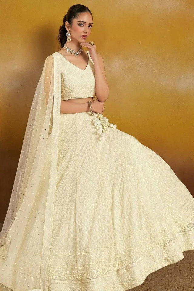 Off White Sequin With Embroidered Georgette Lehenga