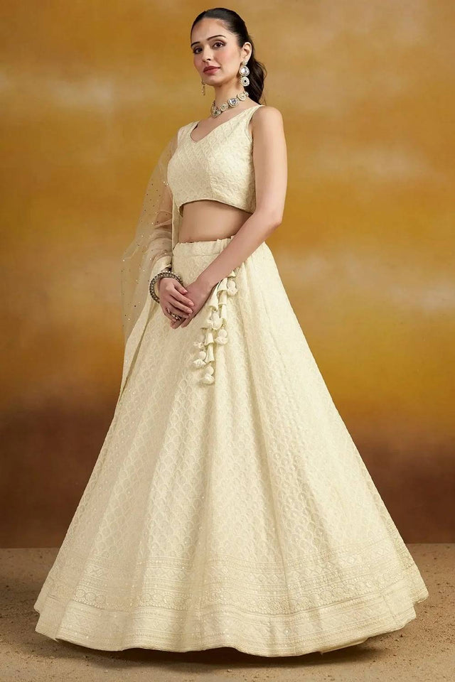 Off White Sequin With Embroidered Georgette Lehenga