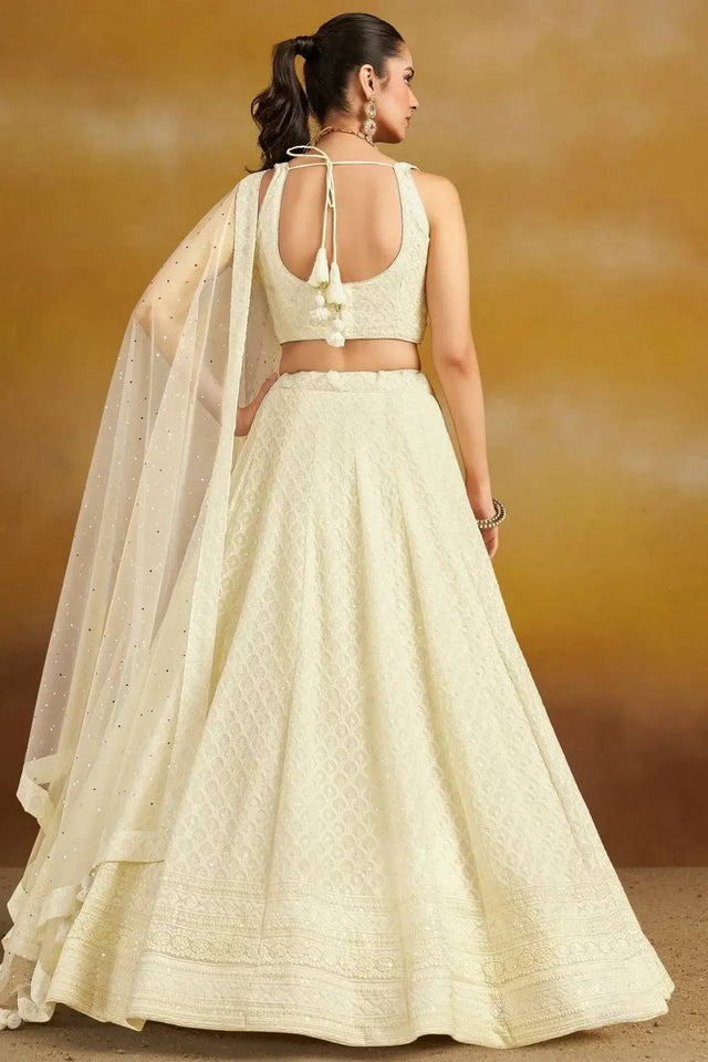 Off White Sequin With Embroidered Georgette Lehenga