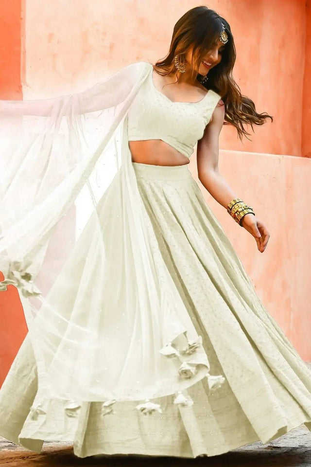 Off White Sequin With Embroidered Georgette Lehenga