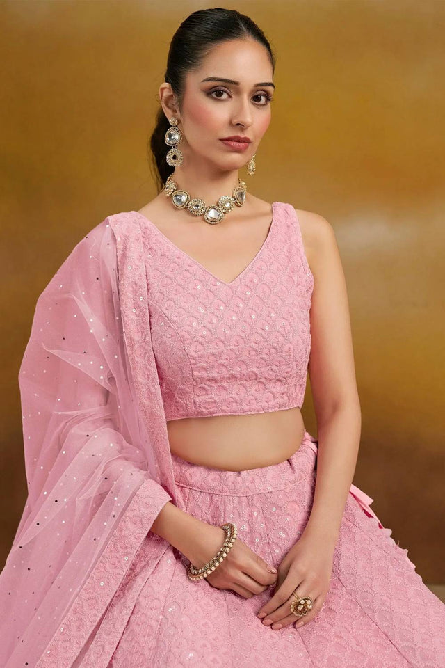 Pink Sequin With Embroidered Georgette Lehenga