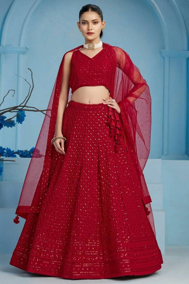 Red Sequin With Embroidered Georgette Lehenga