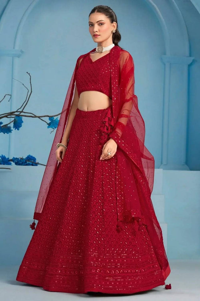 Red Sequin With Embroidered Georgette Lehenga