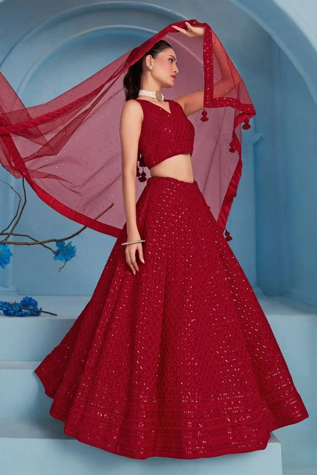 Red Sequin With Embroidered Georgette Lehenga