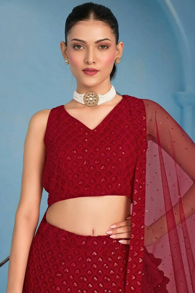 Red Sequin With Embroidered Georgette Lehenga