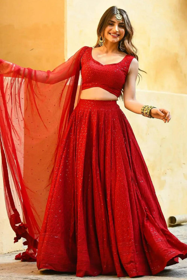 Red Sequin With Embroidered Georgette Lehenga