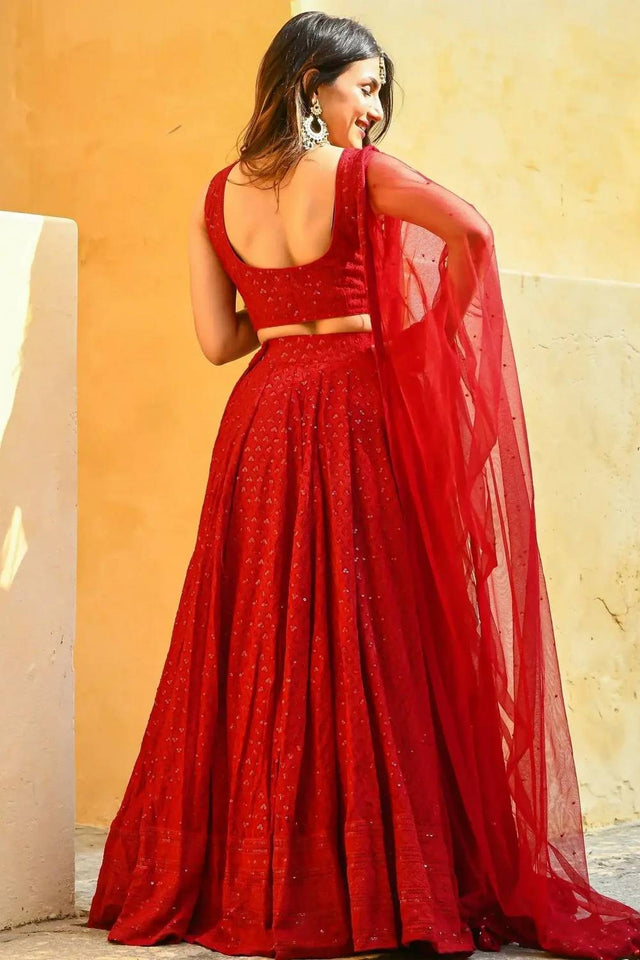 Red Sequin With Embroidered Georgette Lehenga