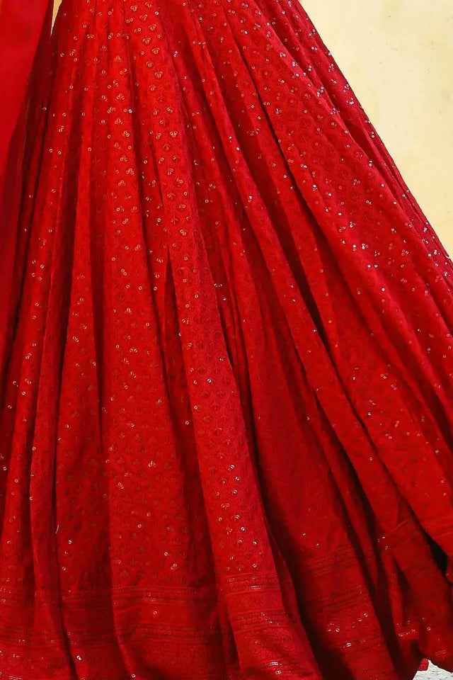 Red Sequin With Embroidered Georgette Lehenga
