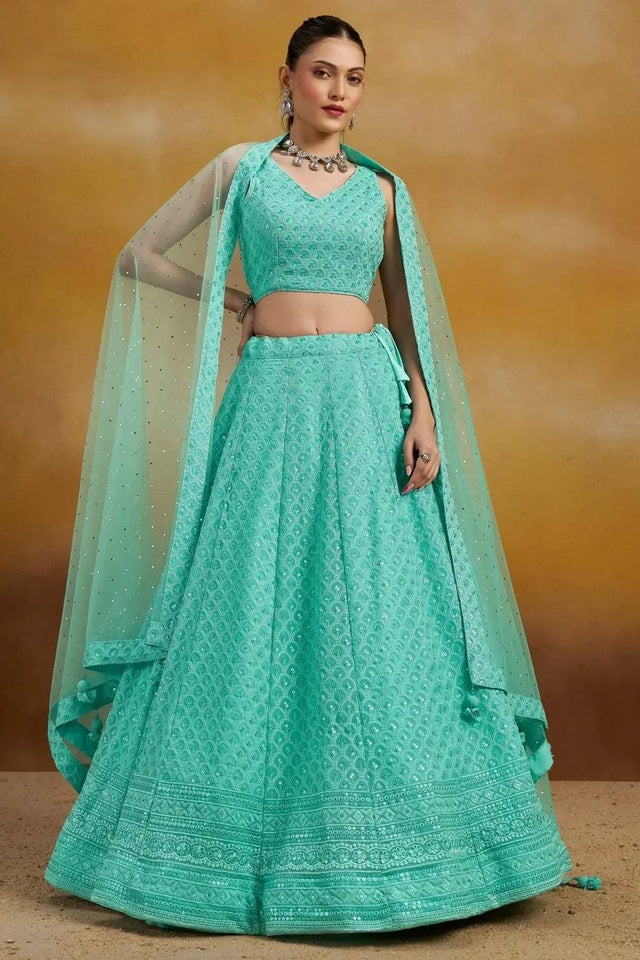 Blue Sequin With Embroidered Georgette Lehenga