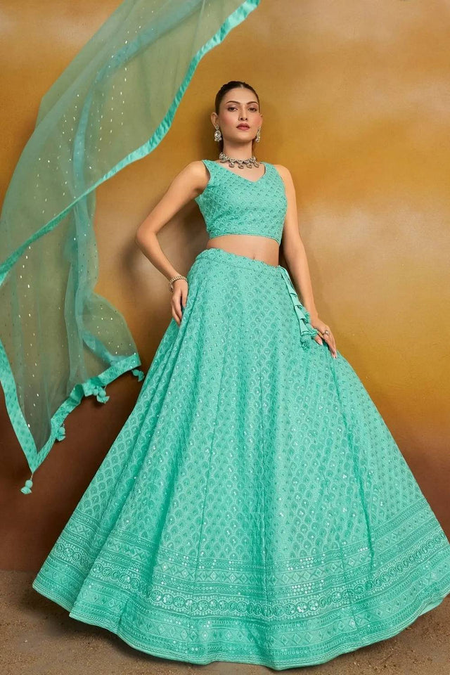 Blue Sequin With Embroidered Georgette Lehenga