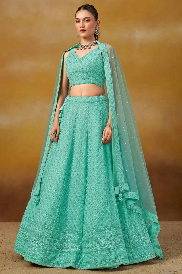 Blue Sequin With Embroidered Georgette Lehenga