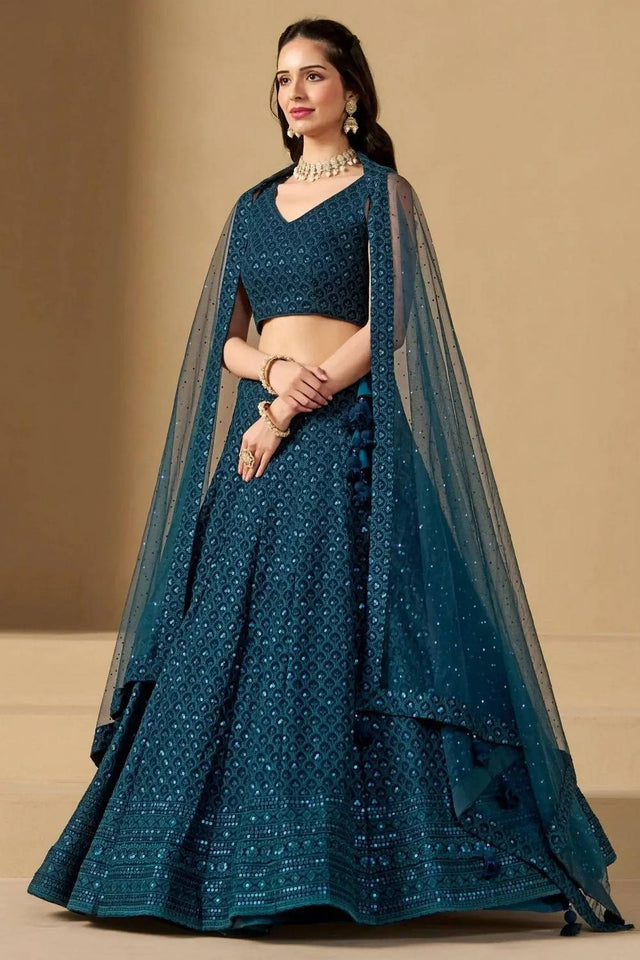 Blue Sequin With Embroidered Georgette Lehenga