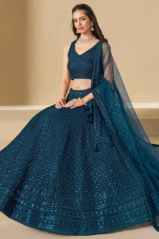 Blue Sequin With Embroidered Georgette Lehenga