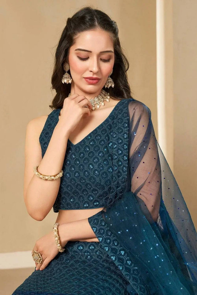 Blue Sequin With Embroidered Georgette Lehenga