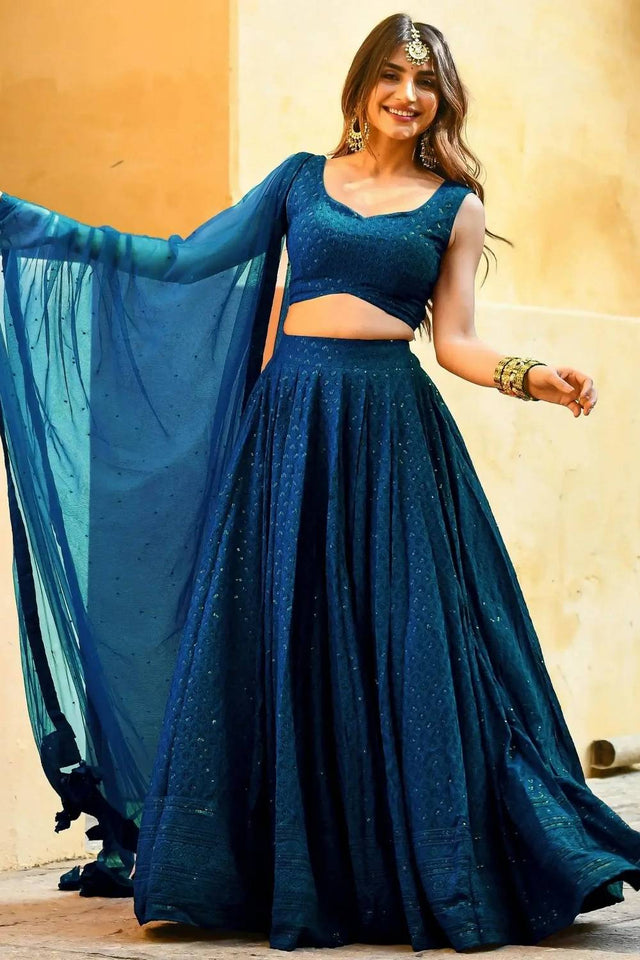 Blue Sequin With Embroidered Georgette Lehenga
