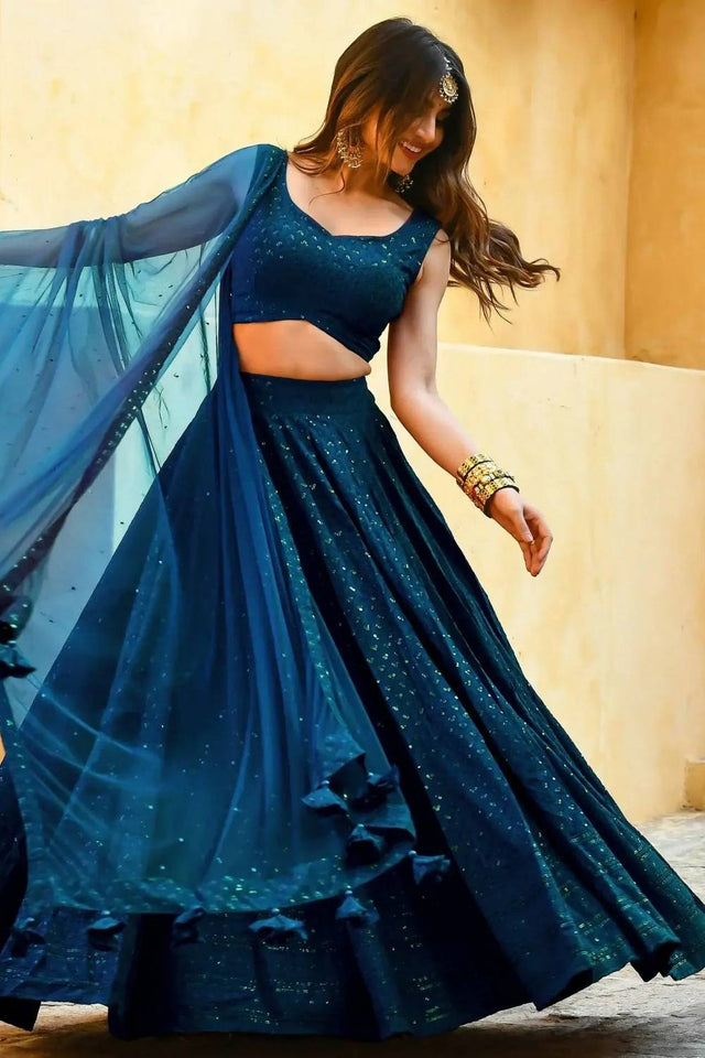 Blue Sequin With Embroidered Georgette Lehenga