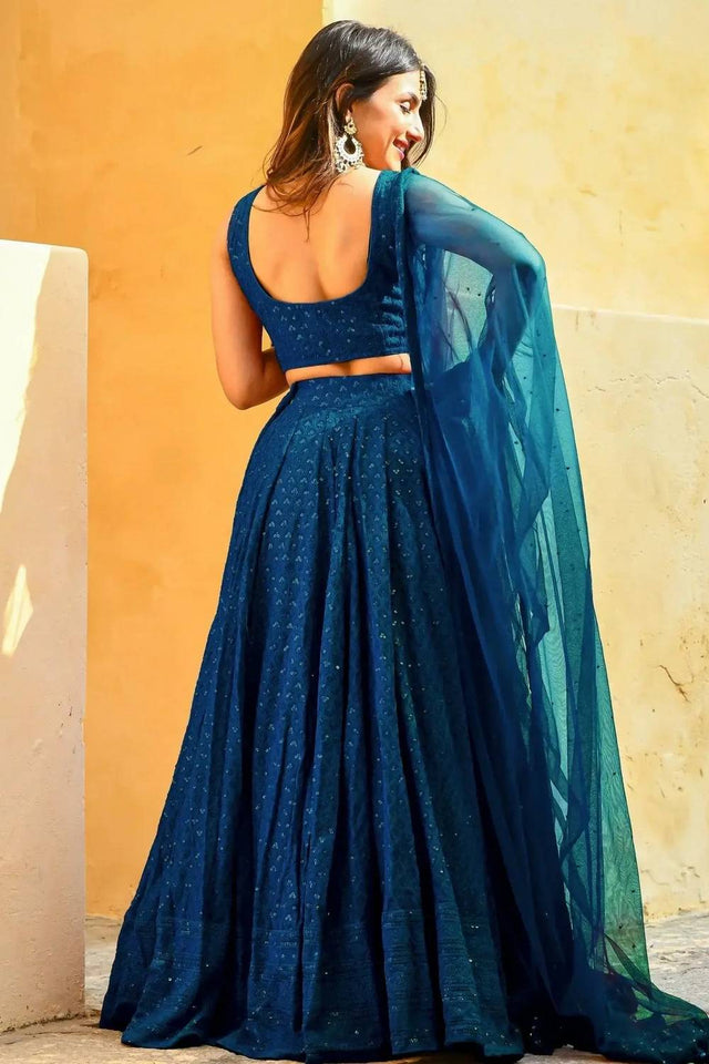 Blue Sequin With Embroidered Georgette Lehenga