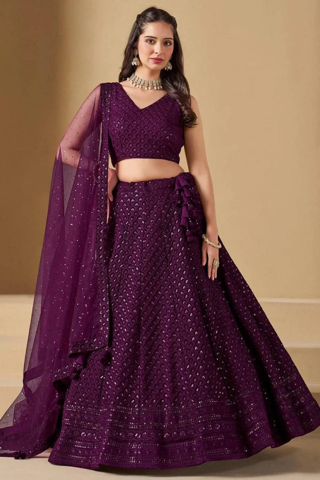 Wine Sequin With Embroidered Georgette Lehenga