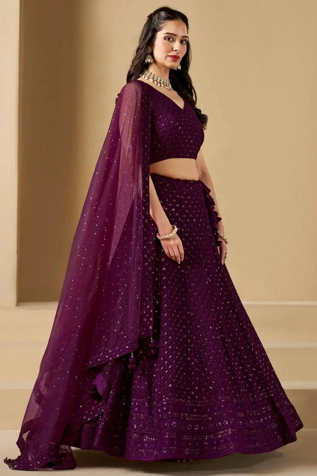 Wine Sequin With Embroidered Georgette Lehenga