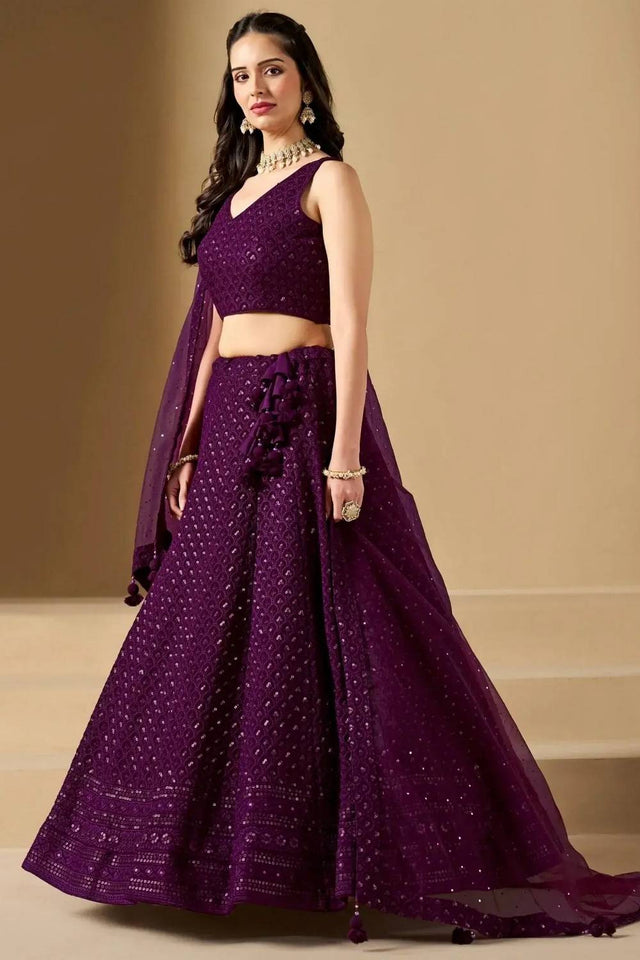 Wine Sequin With Embroidered Georgette Lehenga