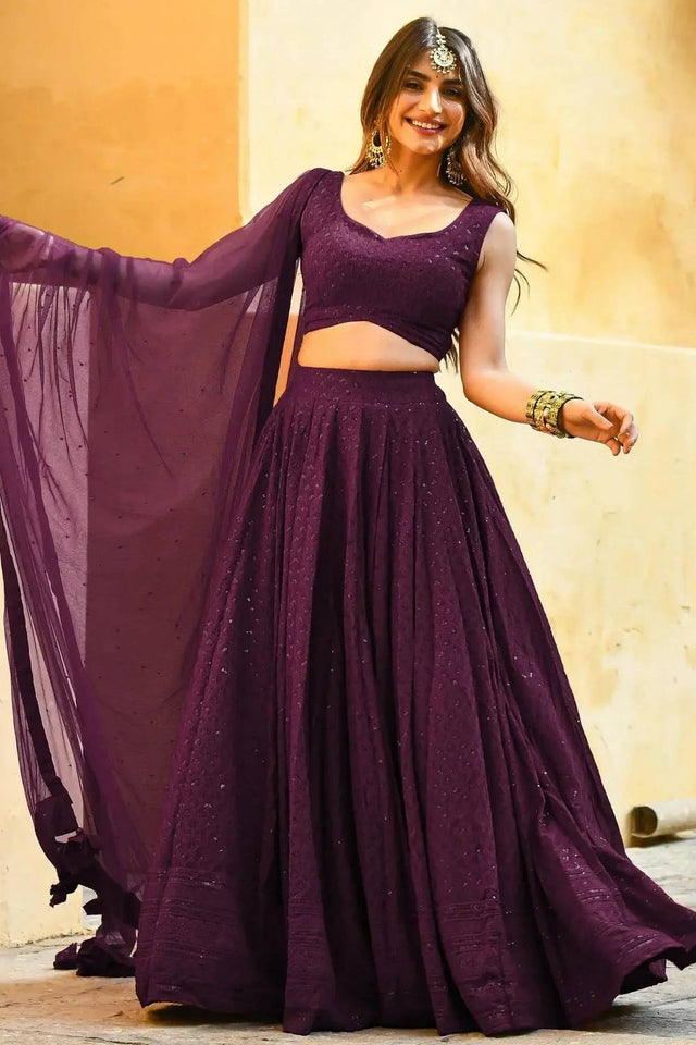 Violet Sequin With Embroidered Georgette Lehenga