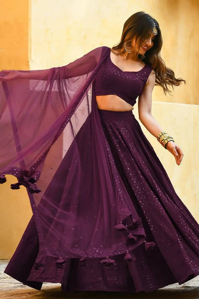 Violet Sequin With Embroidered Georgette Lehenga