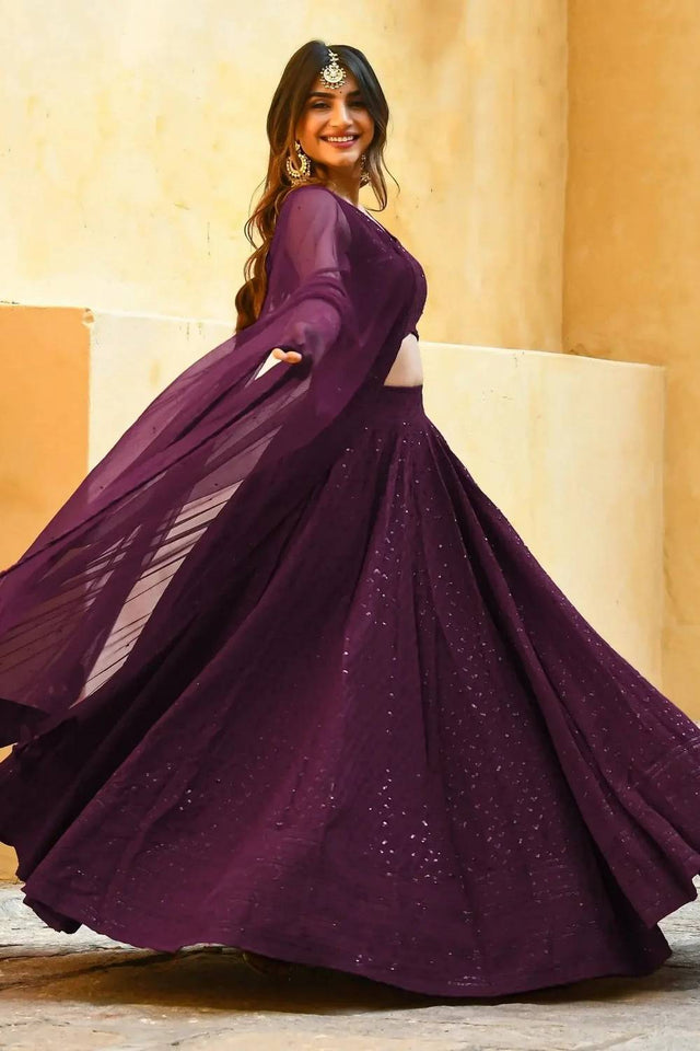 Violet Sequin With Embroidered Georgette Lehenga