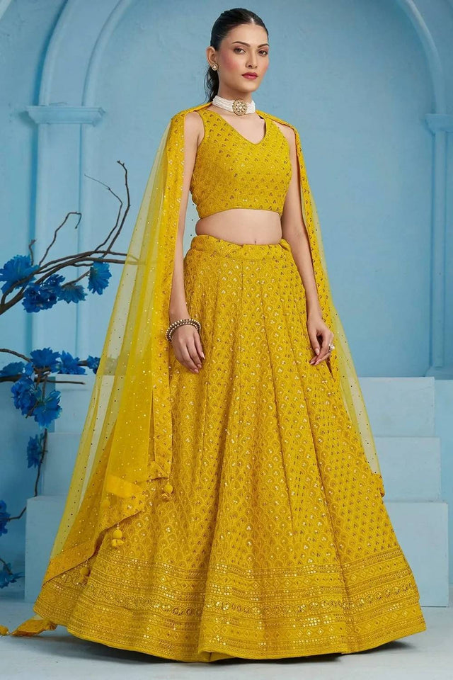 Yellow Sequin With Embroidered Georgette Lehenga