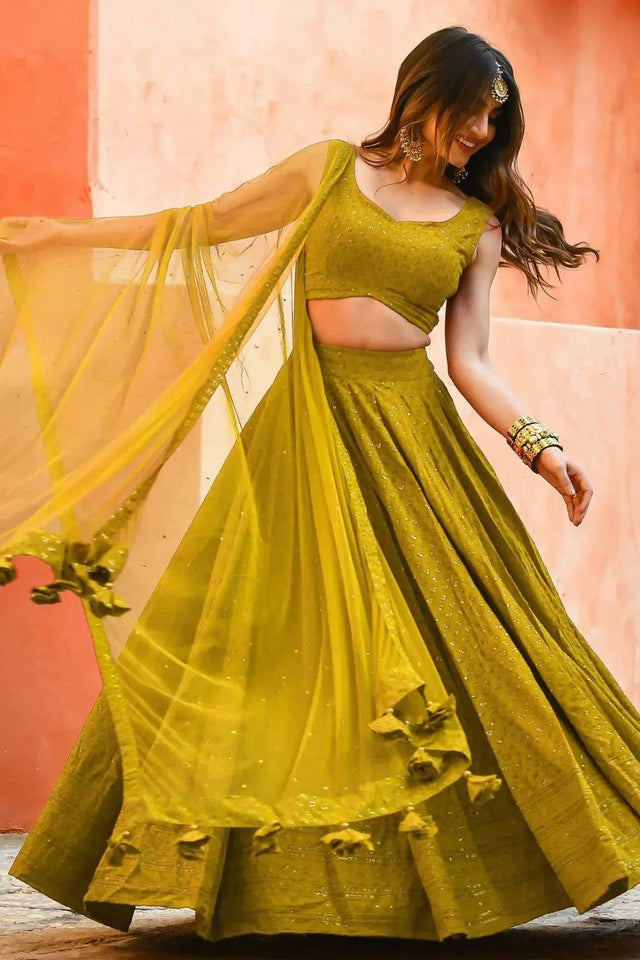 Yellow Sequin With Embroidered Georgette Lehenga
