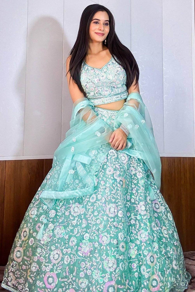 Blue Sequin Net Lehenga