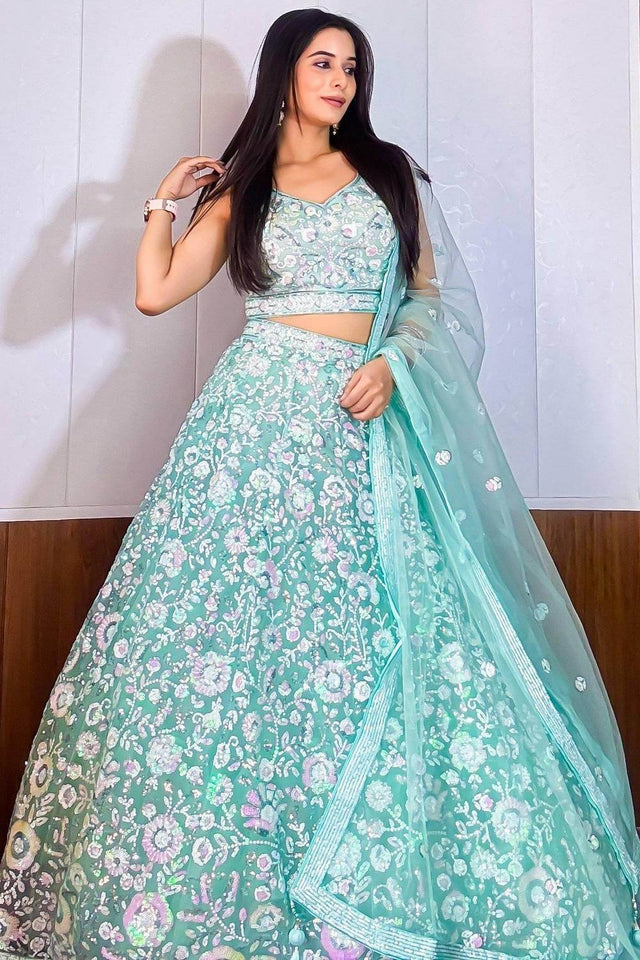 Blue Sequin Net Lehenga