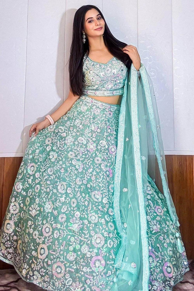 Blue Sequin Net Lehenga