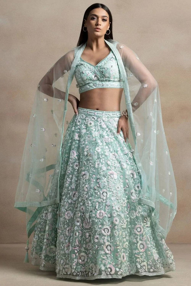Blue Sequin Net Lehenga