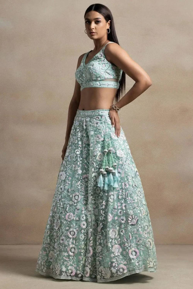 Blue Sequin Net Lehenga