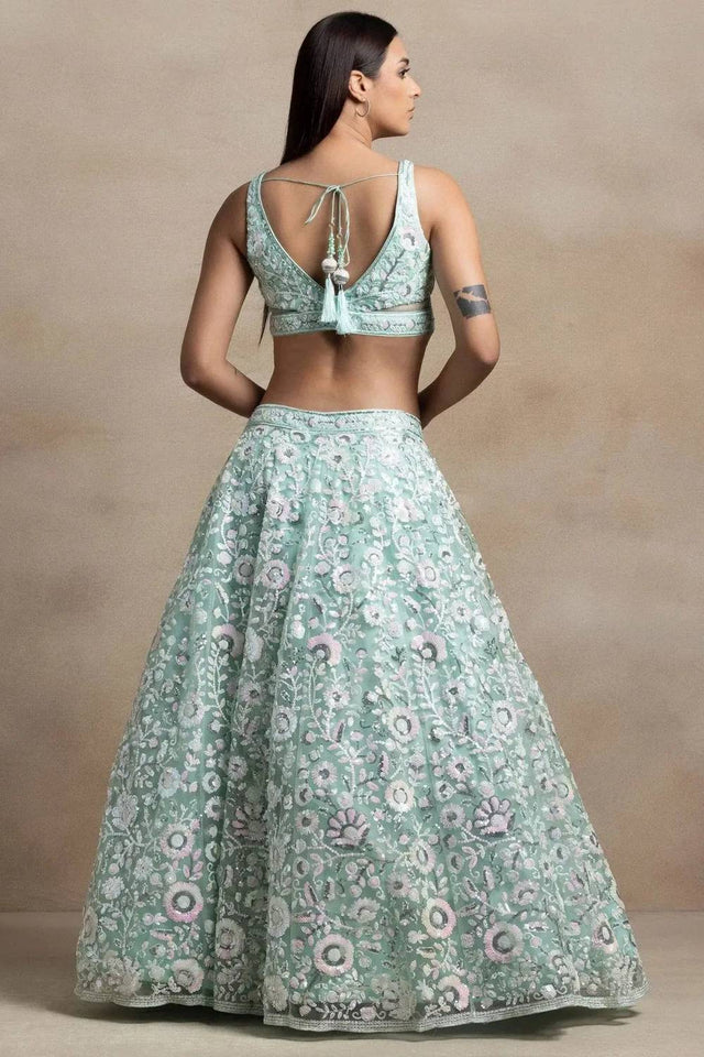 Blue Sequin Net Lehenga