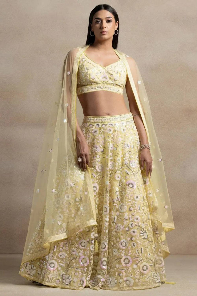 Yellow Sequin Net Lehenga