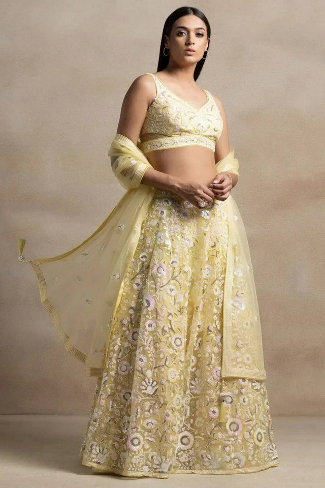 Yellow Sequin Net Lehenga
