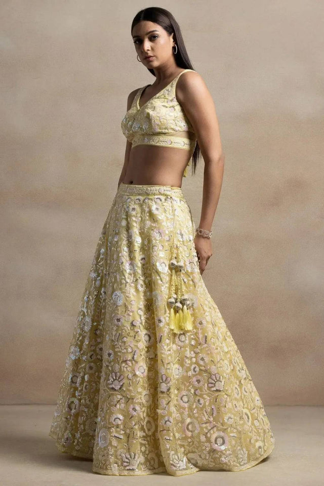 Yellow Sequin Net Lehenga