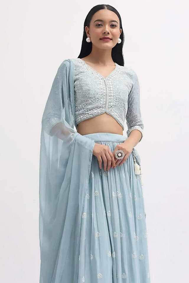 Blue Embroidered Georgette Lehenga