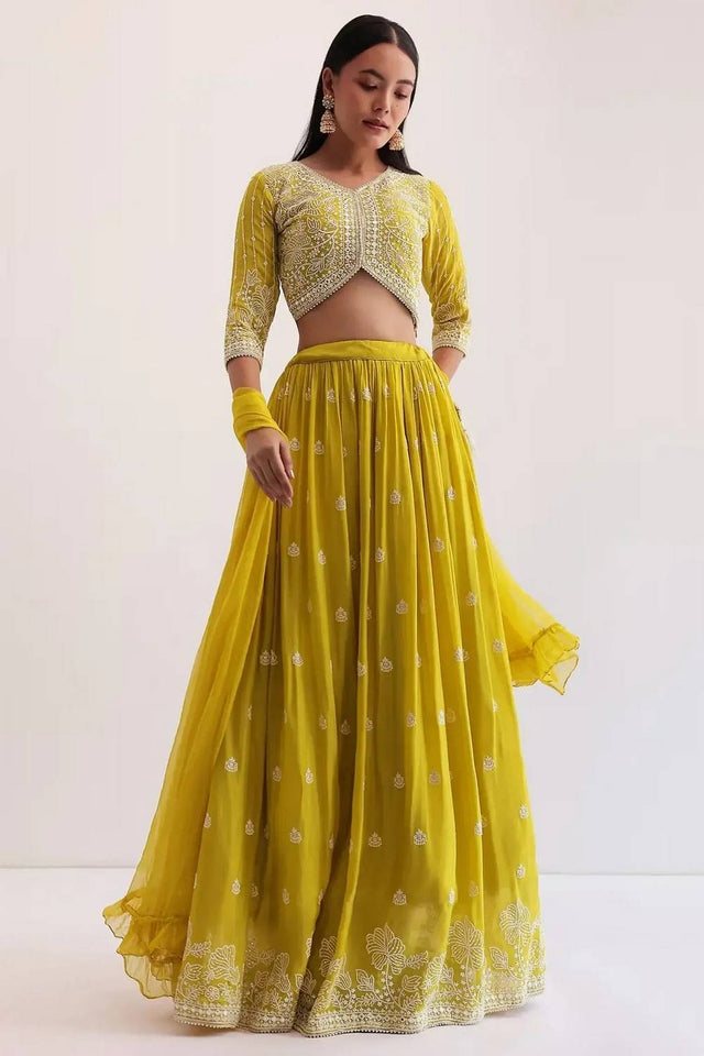 Yellow Embroidered Georgette Lehenga
